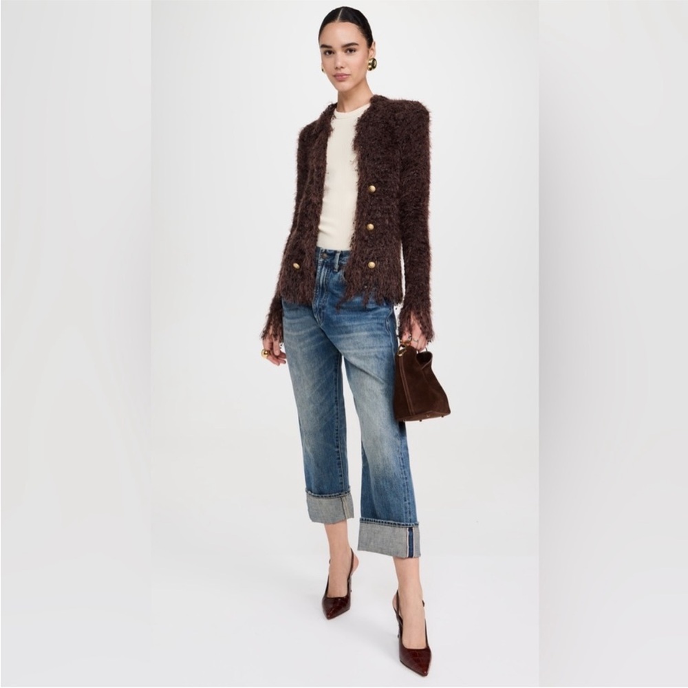 L'AGENCE Chocolate Brown Fuzzy Jacket with Gold Logo Tag